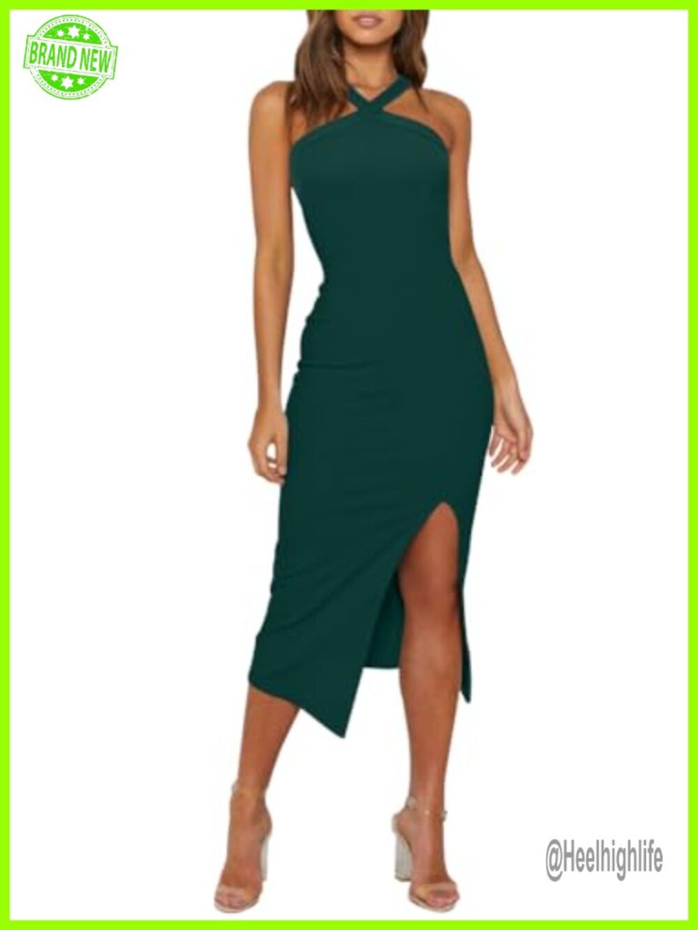 Sexy Halter Cocktail Wedding Guest Midi Dress High Waist Bodycon Side Split